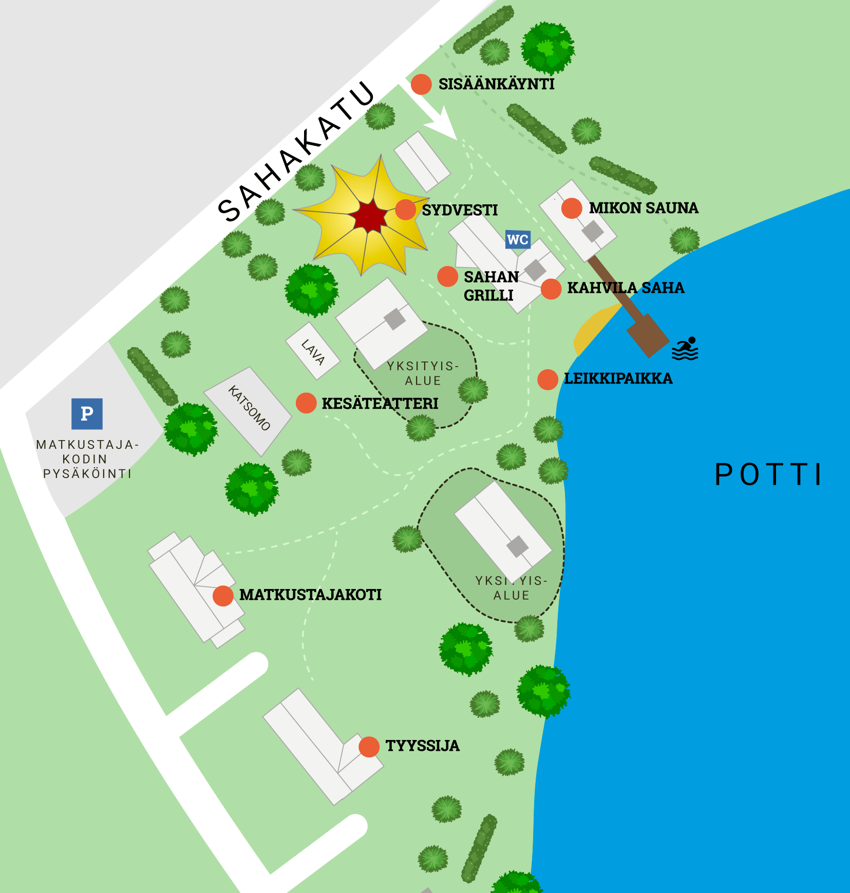 Kahvila Sahan pihapiirin kartta